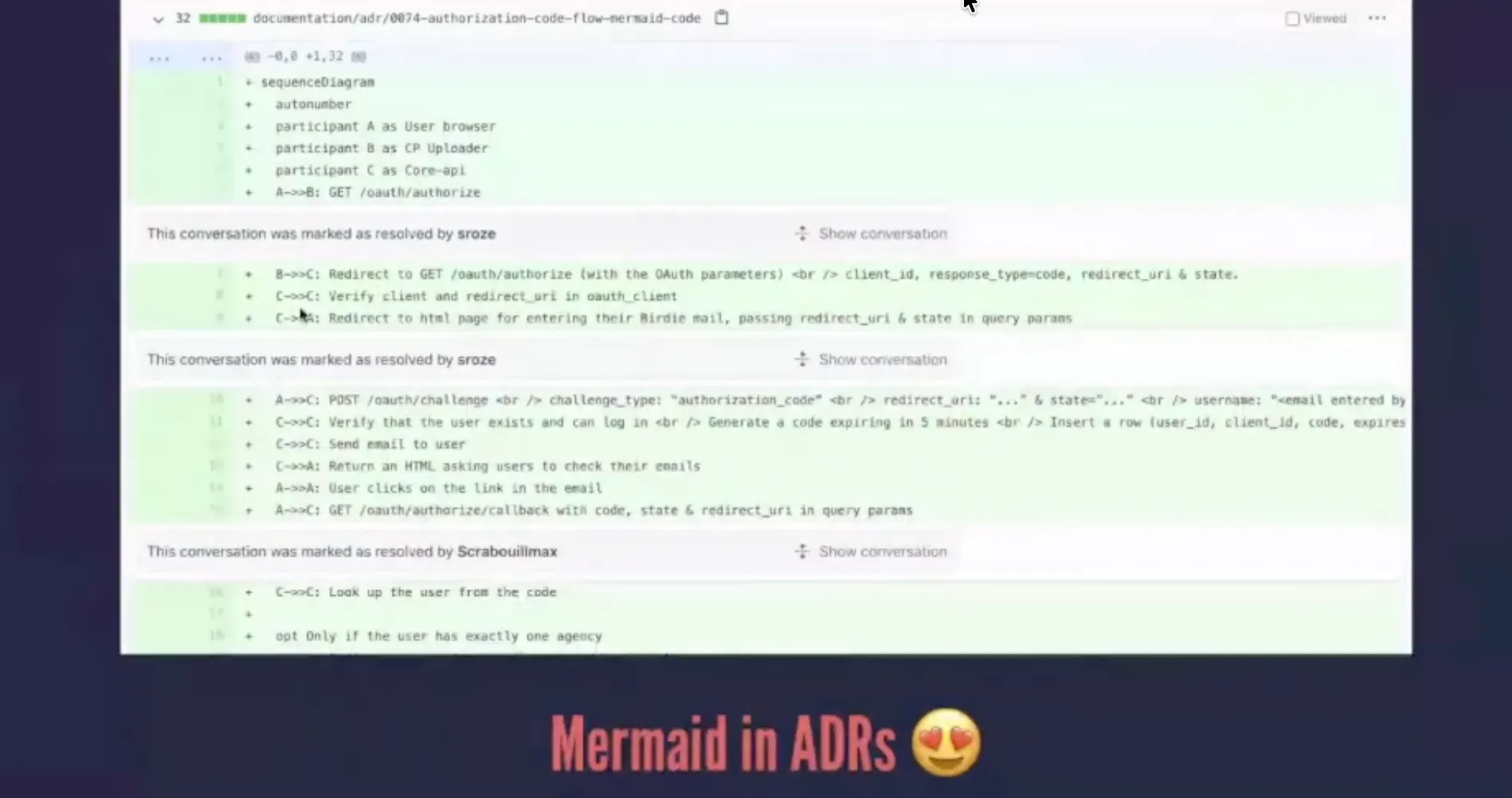 Capture de la conférence montrant une revue de diagramme Mermaid dans un ADR.