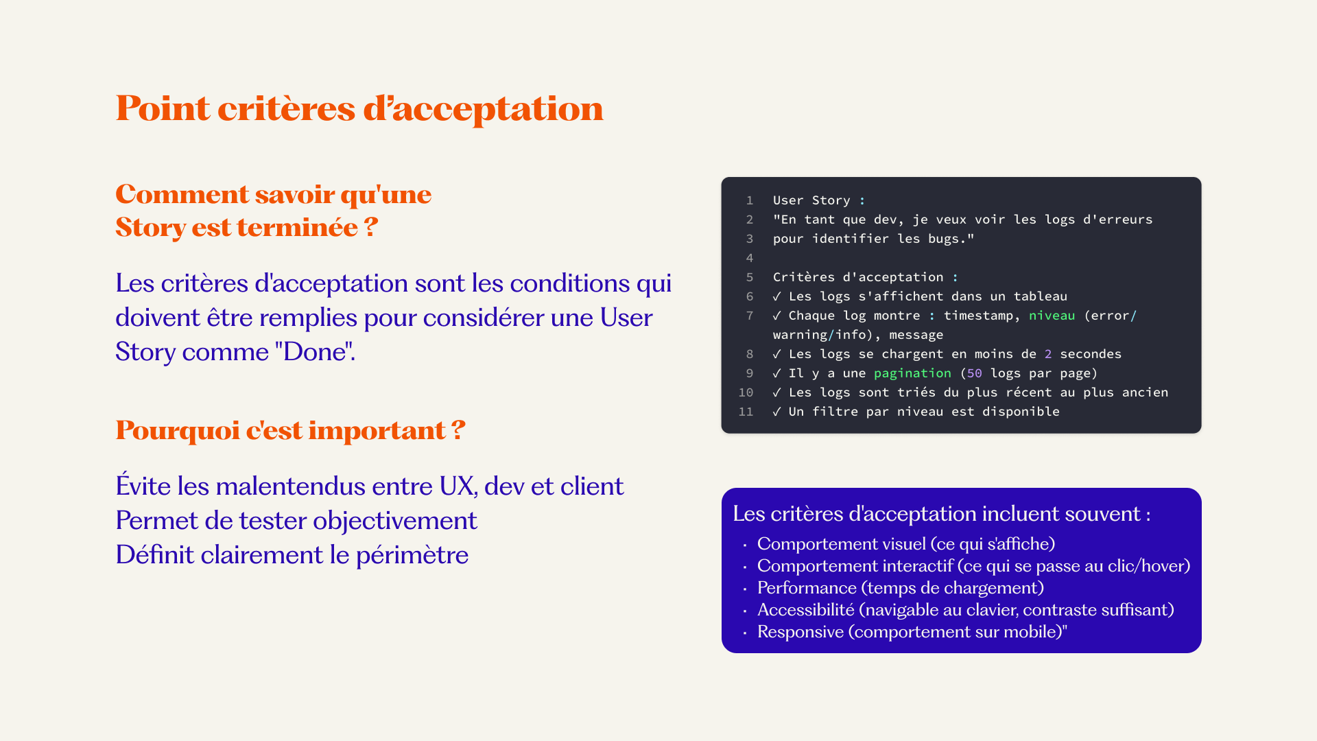 Exemple de critères d’acceptation pour une story sur la consultation de journaux d’erreurs.